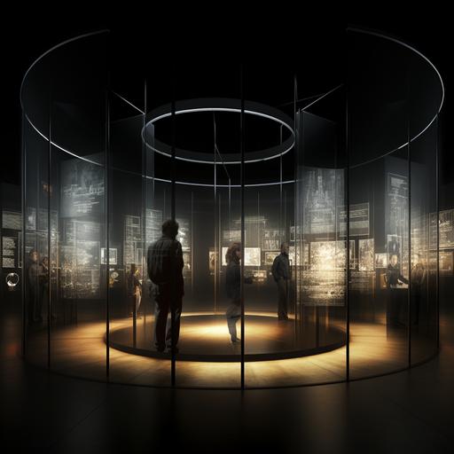large dark space, minimal metal cylindrical wire pedestals for display, with pieces of furniture displayed on the pedestals. perimeter walls are high definition screens showing furniture displayed at much greater detail, silhouettes of people in space