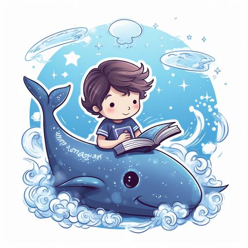 large format sticker A child reading a storybook about a whale, with the tale visualized in a thought bubble, Cartoon style, Dreamy and imaginative, Soft, ambient room lighting with highlights on the book, T-shirt design graphic, vector, contour, white background.