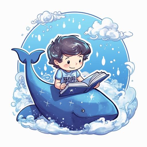 large format sticker A child reading a storybook about a whale, with the tale visualized in a thought bubble, Cartoon style, Dreamy and imaginative, Soft, ambient room lighting with highlights on the book, T-shirt design graphic, vector, contour, white background.