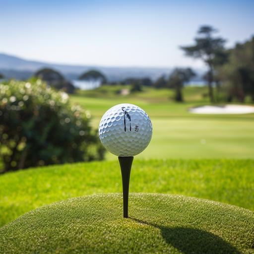large golf ball on a tee with a golf course in the background on the tee box