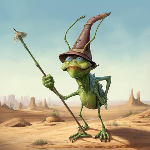large green cartoon grasshopper wearing a wizards hat and holding a stick looking thirsty and tired but very dignified while walking through the desert