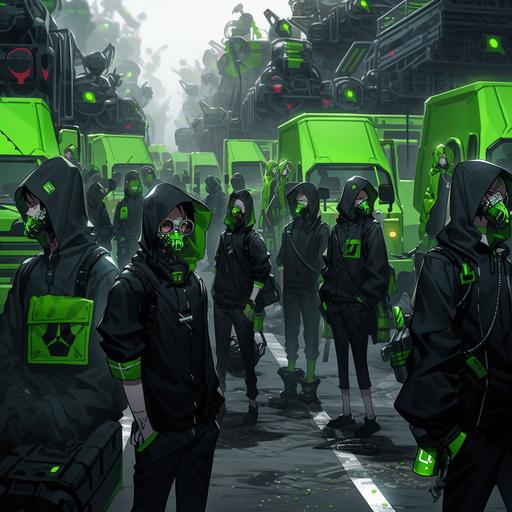 large group of toxic-masked militaries in black and toxic green attire, futuristic fashion, vans and trucks behind, wide angle, hyper detailed anime image --niji 5