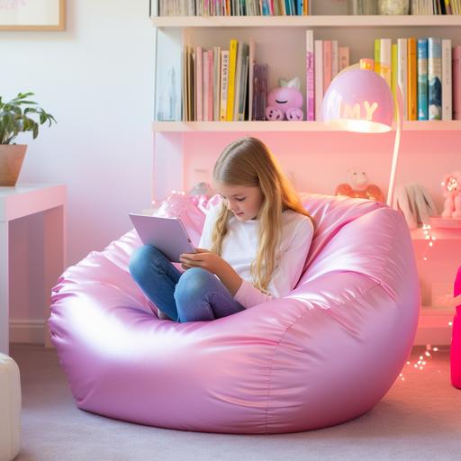 large iridescent pink bean bag chair in a bubble gum pink child's room