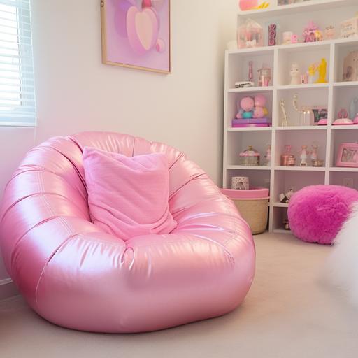 large iridescent pink bean bag chair in a bubble gum pink child's room