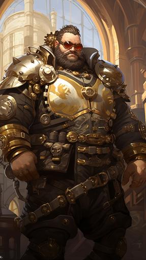 large man with chubby cheecks in a steampunk plate armor, wearing big goggles, high quality character art --ar 9:16
