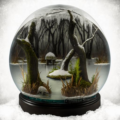 large mangrove swamp in a snow globe, glittery snow, insanely detailed, ultra realistic island, beautifully hand crafted snow globe, alligators, red fox, sedge grass, cattails, photorealistic, magical and enchanting, dark and murky, cypress trees and moss