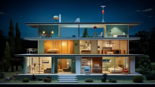large mid century modern doll house, archtectural view, 3d modelling, realistic photography, post box, realistic photography, in the style of wes anderson, blues, --ar 16:9