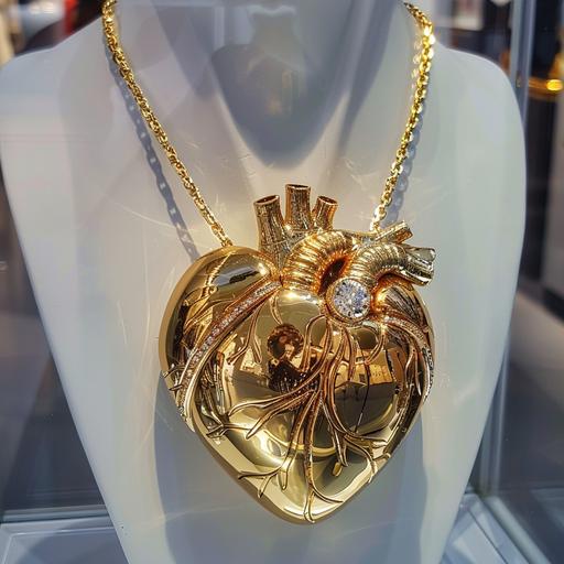 large necklace on chain with golden diamond pendant in the shape of a human heart, white background on display in the mall --v 6.0