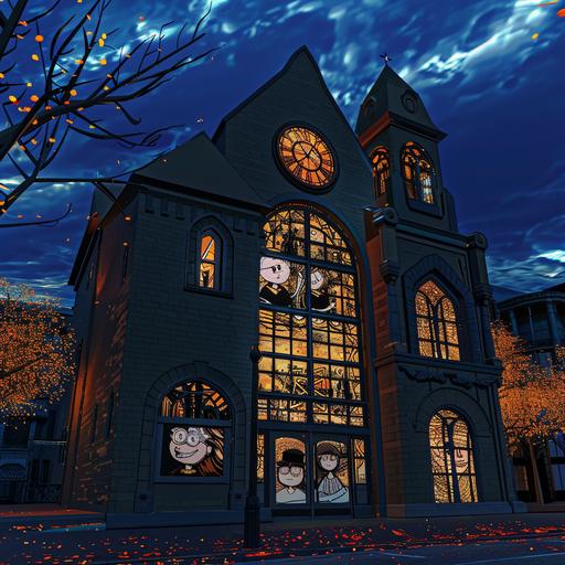 large, old building with a clock tower, bioluminescent neon stained glass in the style of dark bronze and orange, keos masons, gifford beal, uhd image, gothic influence, frederic edwin church, lively storytelling --cref