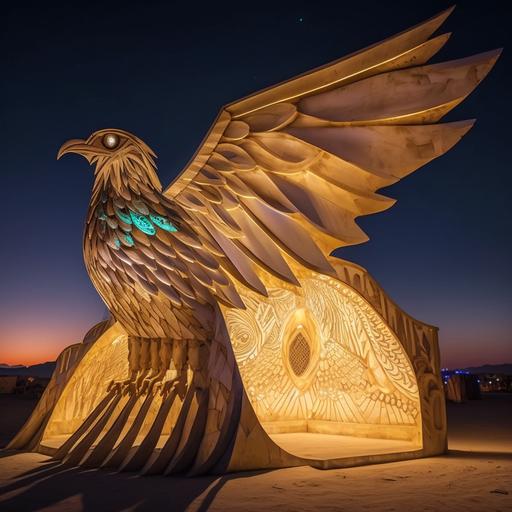 large phosphorescent architecture burning man art piece, phoenix bird, in playa, blink-and-you-miss-it detail --v 4