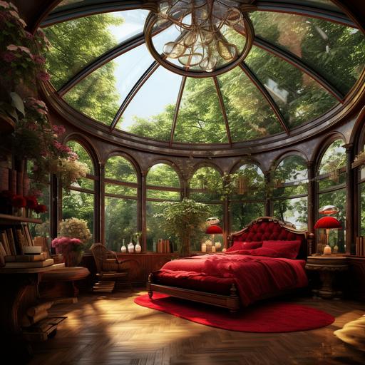 large room with large glass window wooden floor and dome glass ceiling chandelier rain on trees outside window red velvet royal bed with golden back plants inside room and roses vase, personal library and dressing corner
