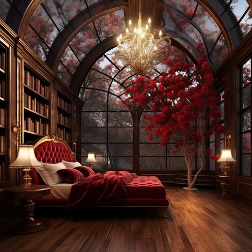 large room with large glass window wooden floor and dome glass ceiling chandelier rain on trees outside window red velvet royal bed with golden back plants inside room and roses vase, personal library and dressing corner