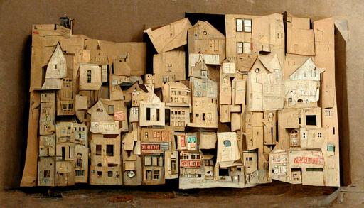 large scale cardboard diorama of town::2  1950s smalltown, usa, small town ; everything is made of cardboard ; cardboard painted with cartoonish graffiti aesthetic ; thick bold lines and vivid colors ; graffiti cardboard mailbox, graffiti cardboard school, graffiti cardboard dog, graffiti cardboard mailman, graffiti cardboard housewife, graffiti cardboard house, graffiti cardboard white picket fence, graffiti cardboard yard, graffiti cardboard 1950s car --ar 16:9