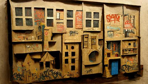 large scale cardboard diorama of town, graffiti spraypainted::3 1950s smalltown, usa, small town ; everything is made of cardboard ; cardboard painted with cartoonish graffiti aesthetic ; thick bold lines and vivid colors ; painted cardboard mailbox, painted cardboard school, painted cardboard dog, painted cardboard mailman, painted cardboard housewife, painted cardboard house, painted cardboard white picket fence, painted cardboard yard, painted cardboard 1950s car --ar 16:9