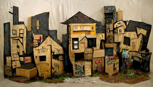 large scale cardboard diorama of town, graffiti spraypainted::3 1950s smalltown, usa, small town ; everything is made of cardboard ; cardboard painted with cartoonish graffiti aesthetic ; thick bold lines and vivid colors ; painted cardboard mailbox, painted cardboard school, painted cardboard dog, painted cardboard mailman, painted cardboard housewife, painted cardboard house, painted cardboard white picket fence, painted cardboard yard, painted cardboard 1950s car --ar 16:9