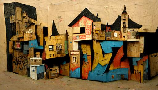 large scale cardboard diorama of town, graffiti spraypainted::3 1950s smalltown, usa, small town ; everything is made of cardboard ; cardboard painted with cartoonish graffiti aesthetic ; thick bold lines and vivid colors ; painted cardboard mailbox, painted cardboard school, painted cardboard dog, painted cardboard mailman, painted cardboard housewife, painted cardboard house, painted cardboard white picket fence, painted cardboard yard, painted cardboard 1950s car --ar 16:9