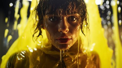 large-scale molecular gastronomy: close-up of female scout in yellow rain coat, alien slime, fear, disgust, cinestill 50d, focus on materials, luminous reflections, expressive face, emotional, post-apocalypse, sci fi --ar 16:9