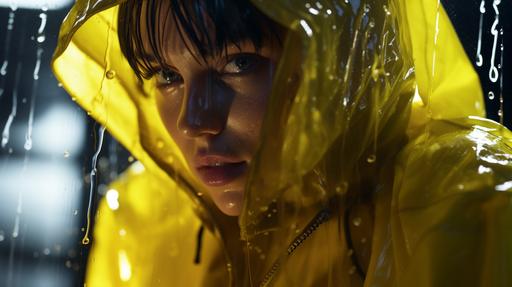 large-scale molecular gastronomy: close-up of female scout in yellow rain coat, alien slime, fear, disgust, cinestill 50d, focus on materials, luminous reflections, expressive face, emotional, post-apocalypse, sci fi --ar 16:9