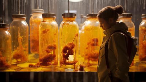 large-scale molecular gastronomy: female scout in yellow rain coat looking at tank decomposing humans into foodstuff, rain and slime, cinestill 50d, focus on materials, luminous reflections, post-apocalypse, sci fi, urban exploration --ar 16:9