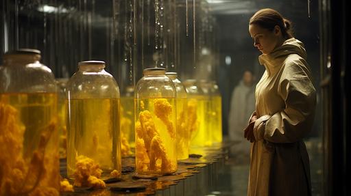 large-scale molecular gastronomy: female scout in yellow rain coat looking at tank decomposing humans into foodstuff, rain and slime, cinestill 50d, focus on materials, luminous reflections, post-apocalypse, sci fi, urban exploration --ar 16:9