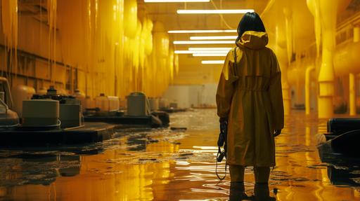 large-scale molecular gastronomy: female scout in yellow rain coat exploring abandoned food factory with tanks decomposing humans into foodstuff, rain coming in through damaged roof, cinestill 50d, focus on materials, luminous reflections, post-apocalypse, sci fi, urban exploration --ar 16:9