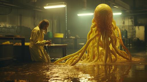 large-scale molecular gastronomy: slimy tentacled alien attacking female scout in yellow rain coat in abandoned food factory, cinestill 50d, focus on materials, luminous reflections, action shot, slime, post-apocalypse, sci fi --ar 16:9