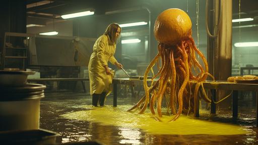 large-scale molecular gastronomy: slimy tentacled alien attacking female scout in yellow rain coat in abandoned food factory, cinestill 50d, focus on materials, luminous reflections, action shot, slime, post-apocalypse, sci fi --ar 16:9