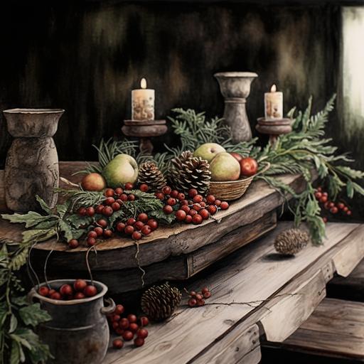 large scrubbed pine farmhouse table , christmas centerpiece , moss , twigs , old wooden dough bowl , berries , arboreal theme , beautiful , watercolor , fine pencil ink --s 500