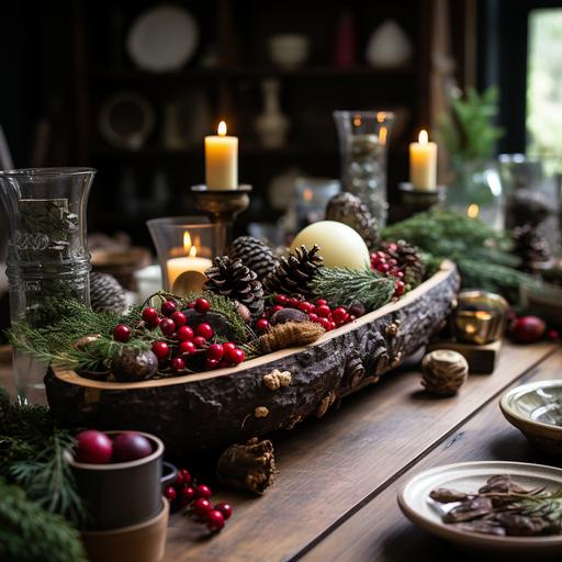 large scrubbed pine farmhouse table , christmas centerpiece , moss , twigs , old wooden dough bowl , berries , arboreal theme , beautiful , watercolor --s 500