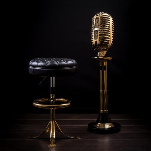 large staage black background gold 3d microphone & bar stool