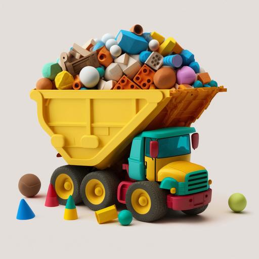 large toy construction dump truck filled with various other children's toys