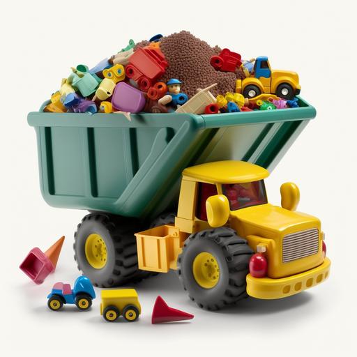 large toy construction dump truck filled with various other children's toys