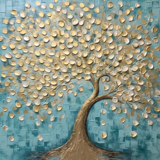 large tree of life, thick textured paint, oil on canvas, wall art, teal, turquoise, grey white colors, gold leaf finish, abstract art, 32k, beautiful captivation