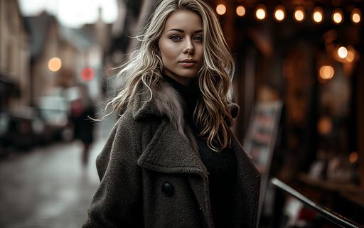 large view, street view, full body portrait of a 26 year old beautiful woman instragram model walking down the street smiling, flowing blonde hair, winter coat and boots, winter aesthetic, dynamic action photojournalism, murder mystery theme, in the style of black and white photography, fujifilm x - t4, high angle shots, light in front of her, ultra realistic, --ar 16:10 --v 6.0 --c 22 --s 222
