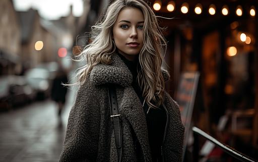 large view, street view, full body portrait of a 26 year old beautiful woman instragram model walking down the street smiling, flowing blonde hair, winter coat and boots, winter aesthetic, dynamic action photojournalism, murder mystery theme, in the style of black and white photography, fujifilm x - t4, high angle shots, light in front of her, ultra realistic, --ar 16:10 --v 6.0 --c 22 --s 222