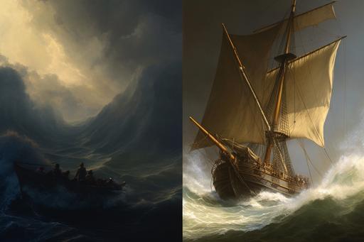 large waves and stormy sea, fishermen on large ancient sailboat, heavy rain, 8k, blue whale spout in distance, artwork by Roberto Ferri, artwork by Jeremy Geddes, artwork by Raphaelite, artwork by William-Adolphe Bouguereau --ar 3:2 --q 2 --v 5.1 --style raw --q 2 --v 5.1 --style raw