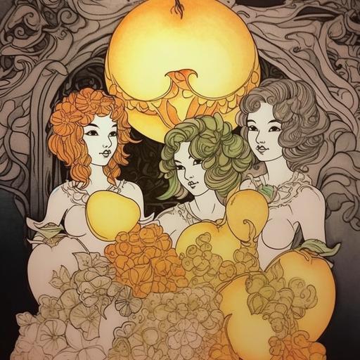 laser line projection of a conference of adorable fruit ladies, Amy Sol, Chiara Bautista, Studio Ghibli, Alphonse Mucha, illustration, ink, watercolor --v 5 --chaos 66
