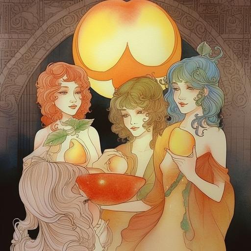 laser line projection of a conference of adorable fruit ladies, Amy Sol, Chiara Bautista, Studio Ghibli, Alphonse Mucha, illustration, ink, watercolor --v 5 --chaos 66