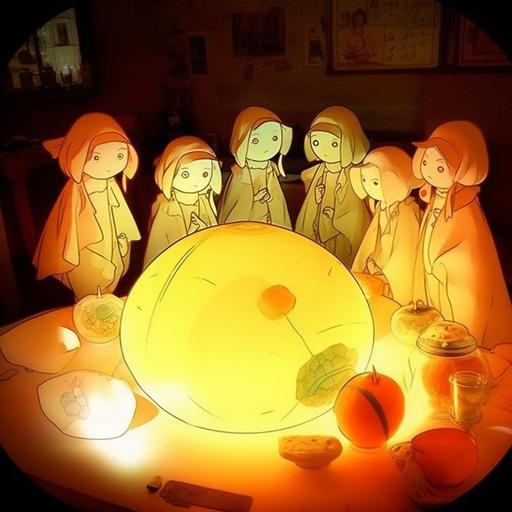 laser projection of a conference of adorable fruit ladies, Amy Sol, Chiara Bautista, Studio Ghibli, Alphonse Mucha, illustration, ink, watercolor --v 5 --chaos 66
