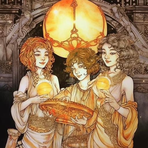 laser projection of a conference of adorable fruit ladies, Amy Sol, Chiara Bautista, Studio Ghibli, Alphonse Mucha, illustration, ink, watercolor --v 5 --chaos 66