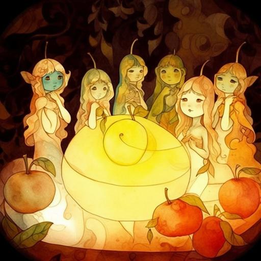 laser projection of a conference of adorable fruit ladies, Amy Sol, Chiara Bautista, Studio Ghibli, Alphonse Mucha, subtle metallic accents, illustration, ink, watercolor --v 5 --chaos 66