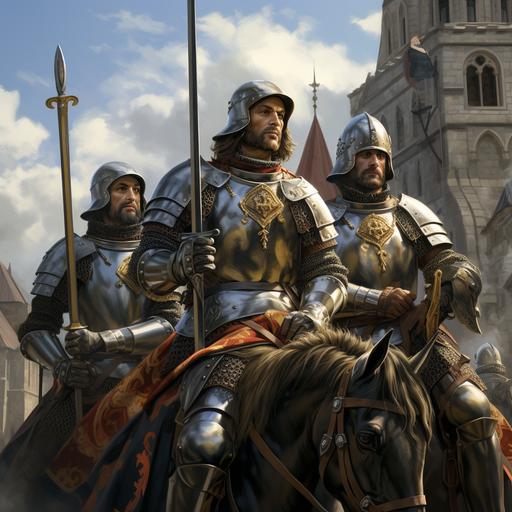 last defenders of the medieval Empire with armour, swords and bows fantasy picture realistic