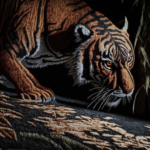 latch hook rug, tiger hunting deer, chiaroscuro, ultra fine line detail, realism, no armor