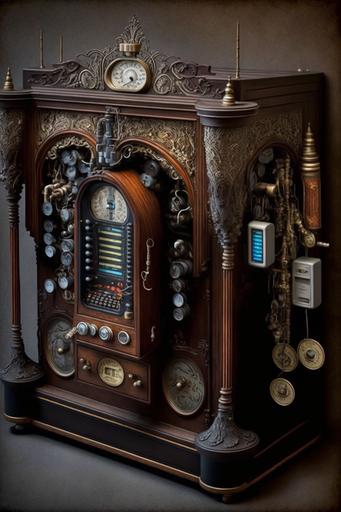 late 1800s antique luxury dialysis machine, macabre, morbid, gothic, professional photography, lots of detail, ultra photoreal, 16k, knolling --ar 2:3 --q 2 --v 4 --c 25
