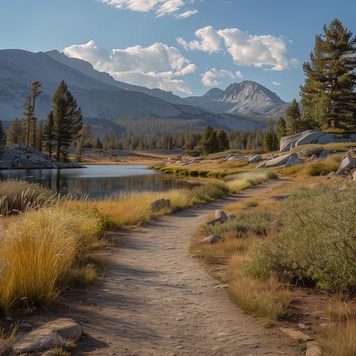 late summer, sierra nevada, photorealistic, Pingree Lake, walking path fore and aft, sony a7 III camera with 85mm lens at f.12 aperture setting. --v 6.0