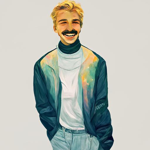 latin 20 years old Guy with short hair, blond hair and mustache with small earrings wearing a turtleneck white t-shirt and jeans jacket, smiling with a nightsky background