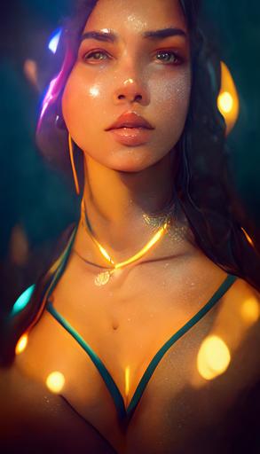 beautiful latina women full body woman, latina bikini with energy lights, high detail, light skin, thick lips, selfie, portrait, unreal engine, glamor shot, god rays, photo realistic, maximum texture handsome and beautiful, magnificent :: immense details, hyperrealistic, fantasy, octane render :: --ar 4:7 --uplight