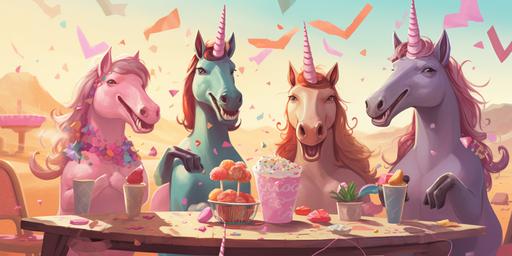 laughing smiling unicorns having a party in the desert. Illustration style. --ar 2:1