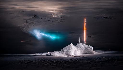 prototype space shutte, isle of the dead, rocket, fused with ice, fine art photography, renderd in redshift, snow particles, by Reuben Wu, by Zaria Forman, antarctica, --aspect 16:9