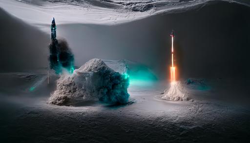 prototype space shutte, isle of the dead, rocket, fused with ice, fine art photography, renderd in redshift, snow particles, by Reuben Wu, by Zaria Forman, antarctica, --aspect 16:9